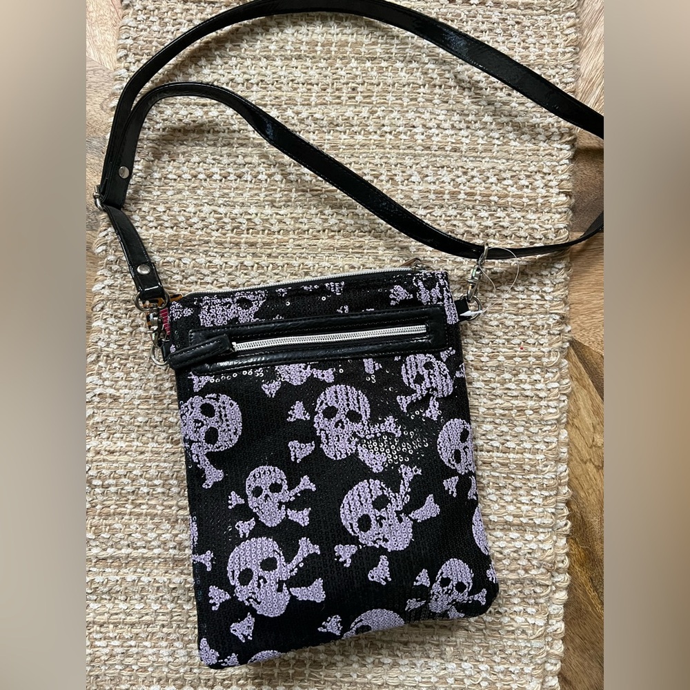 Betsey, Johnson  Skull Pattern Black and Purple sequence, Crossbody Bag